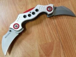 Dual Blade Silver And Red Hawkbill Karambit Pocket Knife - 3645sl