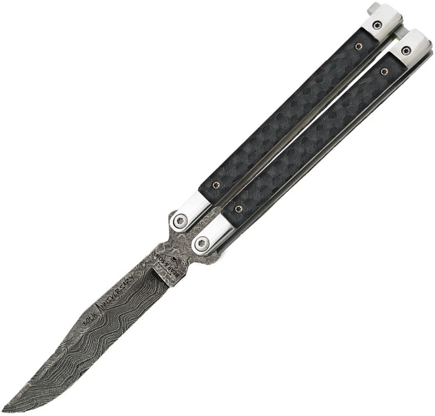 Bear & Son Balisong Black Carbon Fiber Damascus Clip Point Butterfly Knife ANNCF17D 1 Bear & Son Balisong Black Carbon Fiber Damascus Clip Point Butterfly Knife ANNCF17D