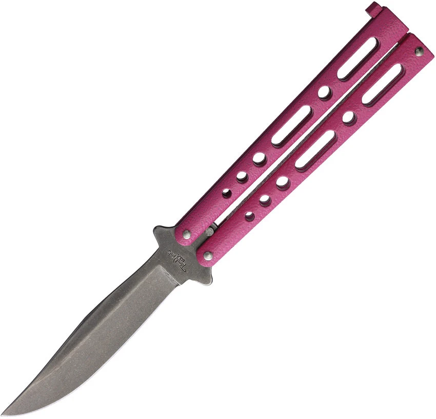 Benchmark Balisong Pink Zinc Stonewash Stainless Clip Point Butterfly Knife 014 1 Benchmark Balisong Pink Zinc Stonewash Stainless Clip Point Butterfly Knife 014