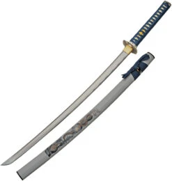 Water Dragon Katana Blue Cord Wrapped 1045 Carbon Steel Sword W/ Scabbard 926985