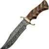 Damascus 12" Checkered Wood Brass Guard Bowie Knife + Leather Sheath 1221