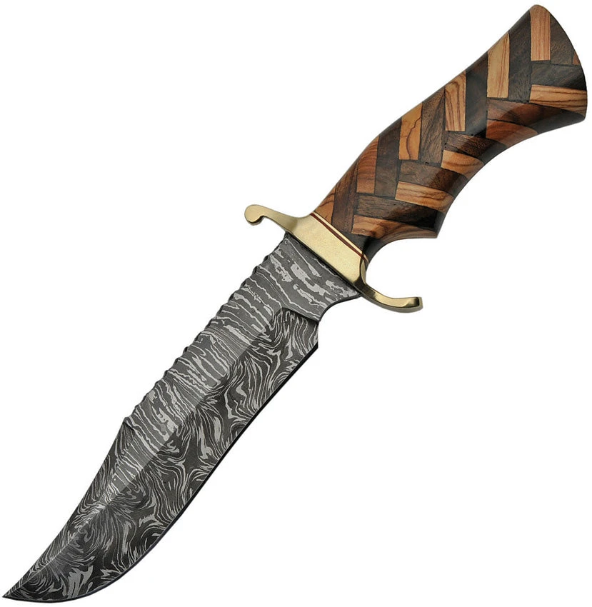 Damascus 12" Checkered Wood Brass Guard Bowie Knife + Leather Sheath 1221 1 Damascus 12" Checkered Wood Brass Guard Bowie Knife + Leather Sheath 1221