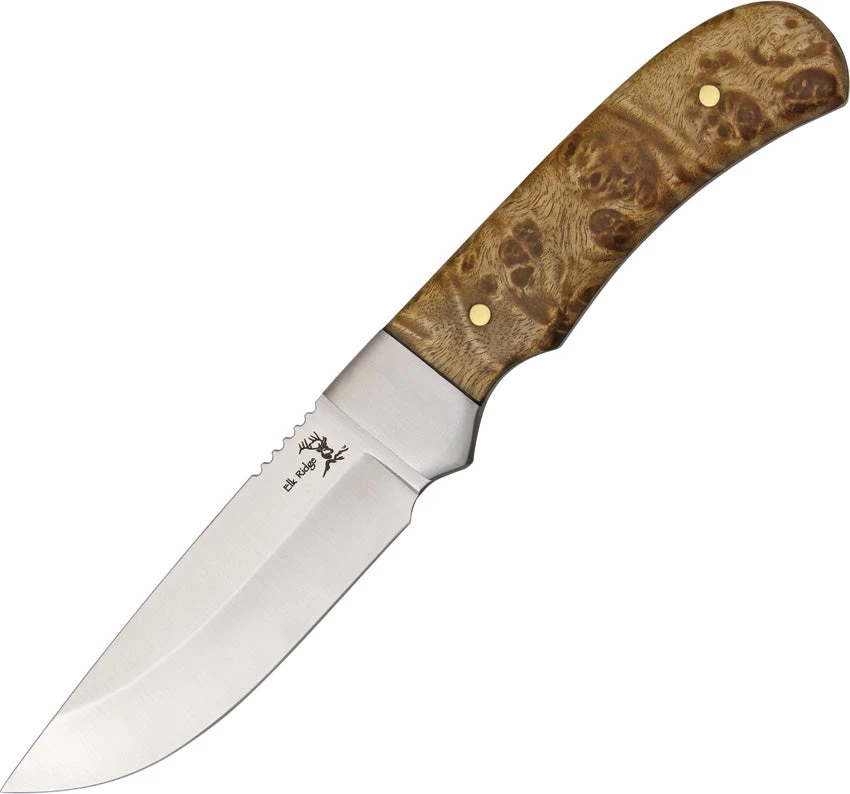 Elk Ridge Small Hunter Hunting Knife Brown Burlwood Handles W/ Black Sheath - 107 1 Elk Ridge Small Hunter Hunting Knife Brown Burlwood Handles W/ Black Sheath - 107