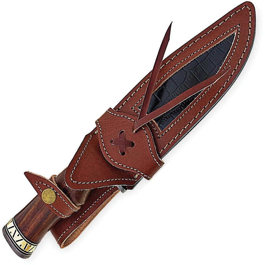 FH Knives Damascus Bowie Brown Wood Damascus Fixed Blade Knife HZBW001 2 FH Knives Damascus Bowie Brown Wood Damascus Fixed Blade Knife HZBW001 - Image 2