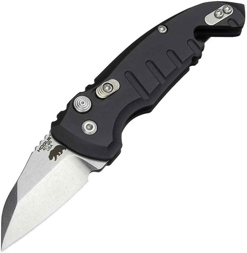 Hogue Automatic A01 Microswitch Knife Button Lock Black Aluminum CPM-154 Tumbled Wharncliffe 24140 1 Hogue Automatic A01 Microswitch Knife Button Lock Black Aluminum CPM-154 Tumbled Wharncliffe 24140