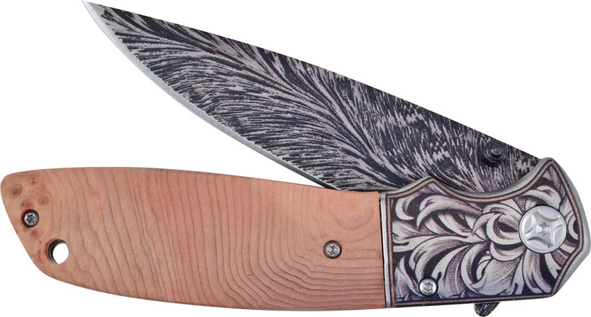 Hen & Rooster Linerlock A/O Burl Wood Folding Damascus Pocket Knife 012BRLW 1 Hen & Rooster Linerlock A/O Burl Wood Folding Damascus Pocket Knife 012BRLW