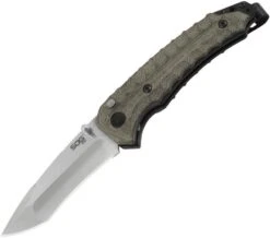 SOG Kiku Button Lock A/O Assisted VG-10 Folding Green Micarta Knife KU3001