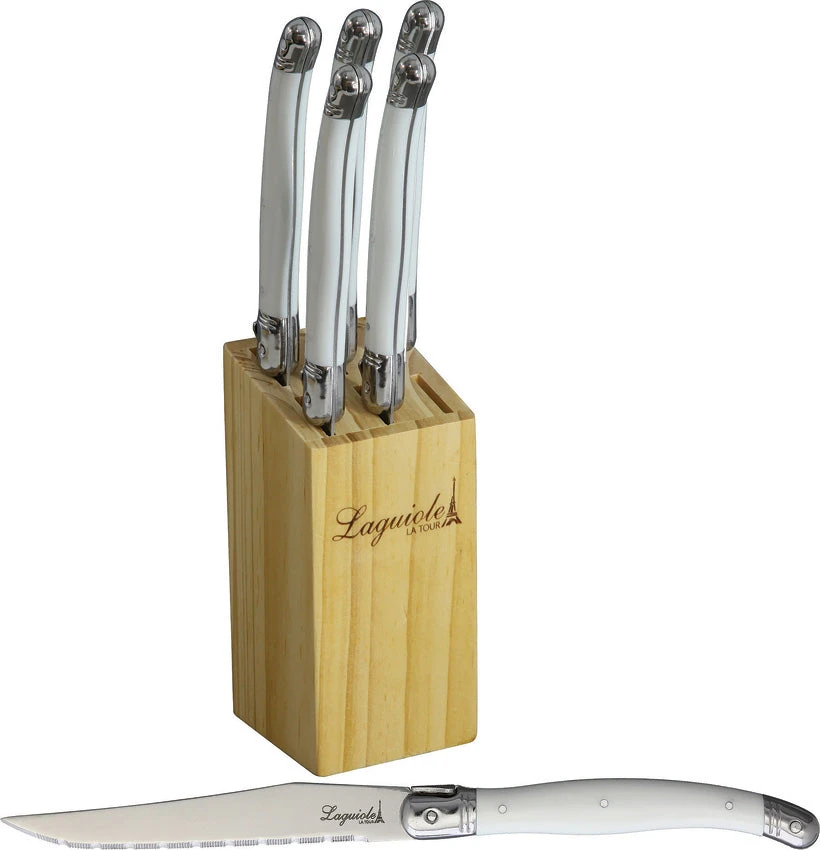 Laguiole LA TOUR 6pc Luxury White Kitchen Steak Knives Set W/ Storage Block KLW 1 Laguiole LA TOUR 6pc Luxury White Kitchen Steak Knives Set W/ Storage Block KLW