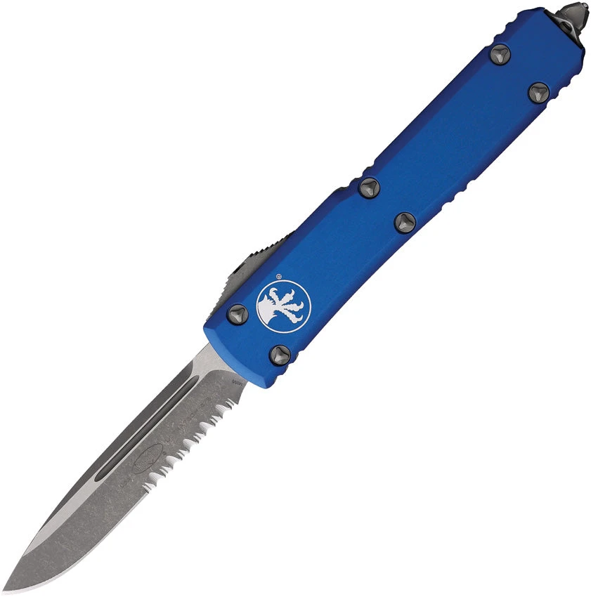 Microtech Automatic Ultratech OTF Knife Blue Aluminum Apocalyptic Partial Serrated Drop Pt Blade 12111APBL 1 Microtech Automatic Ultratech OTF Knife Blue Aluminum Apocalyptic Partial Serrated Drop Pt Blade 12111APBL