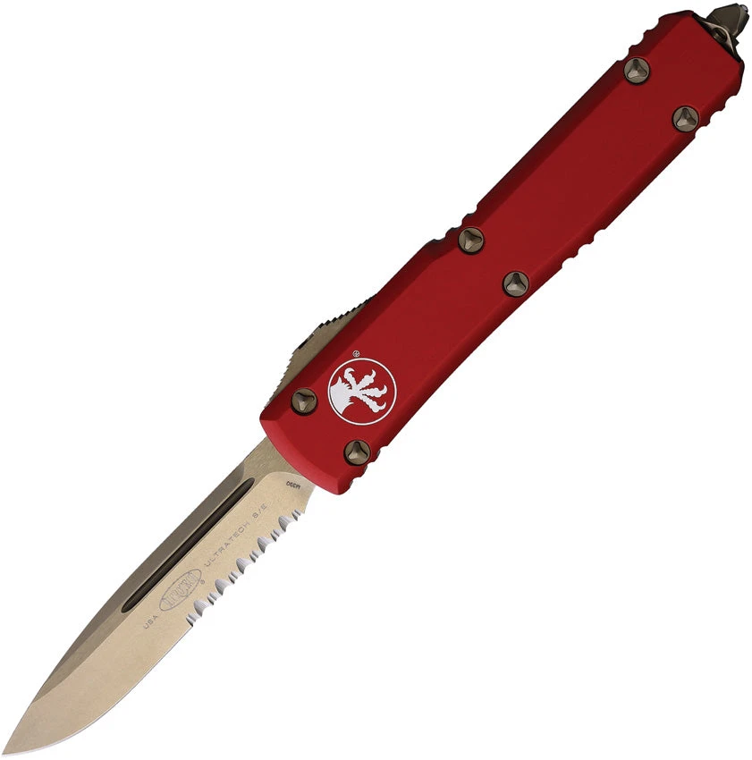 Microtech Automatic Ultratech OTF Knife Red Aluminum Bronze Partial Serrated Drop Point Blade 12114RD 1 Microtech Automatic Ultratech OTF Knife Red Aluminum Bronze Partial Serrated Drop Point Blade 12114RD