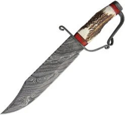 Old Forge Civil War Bowie Stag Bone Damascus Steel Fixed Knife W/ Sheath 040