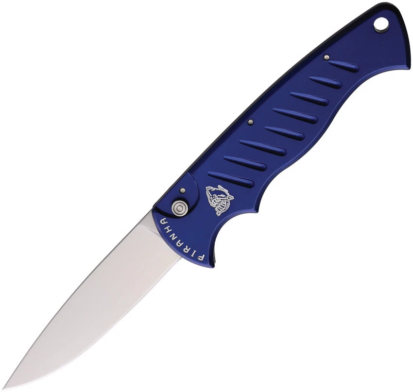 Piranha Knives Automatic Pocket Tactical Knife Button Lock Blue Aluminum 154CM Blade CP1B 1 Piranha Knives Automatic Pocket Tactical Knife Button Lock Blue Aluminum 154CM Blade CP1B