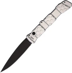 Piranha Knives Automatic 21 Tactical Knife Button Lock Silver Aluminum Black S30V Blade CP21ST