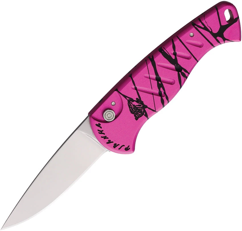 Piranha Knives Automatic Fingerling Knife Button Lock Pink Aluminum 154CM Steel Blade CP2PK 1 Piranha Knives Automatic Fingerling Knife Button Lock Pink Aluminum 154CM Steel Blade CP2PK