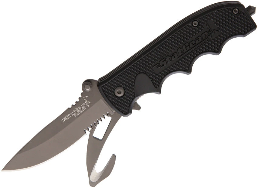 StatGear T2 Auto Rescue Tool A/O Linerlock 440 Serrated Black Folding Knife 02 1 StatGear T2 Auto Rescue Tool A/O Linerlock 440 Serrated Black Folding Knife 02