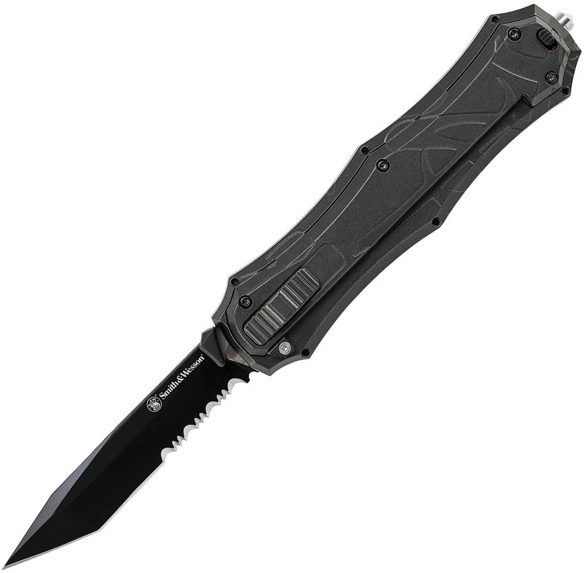 Smith & Wesson OTF Assist Finger Actuator A/O Black Serrated Tanto Knife OTF9TBS 1 Smith & Wesson OTF Assist Finger Actuator A/O Black Serrated Tanto Knife OTF9TBS
