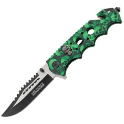 Tac Force Rescue Linerlock A/O Green & Black Skull Aluminum Folding Knife 809GN