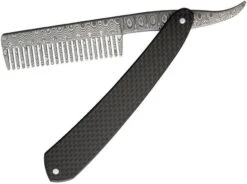 Bastion EDC Straight Damascus Steel Razor Comb W/ Black Carbon Fiber Handle TN07